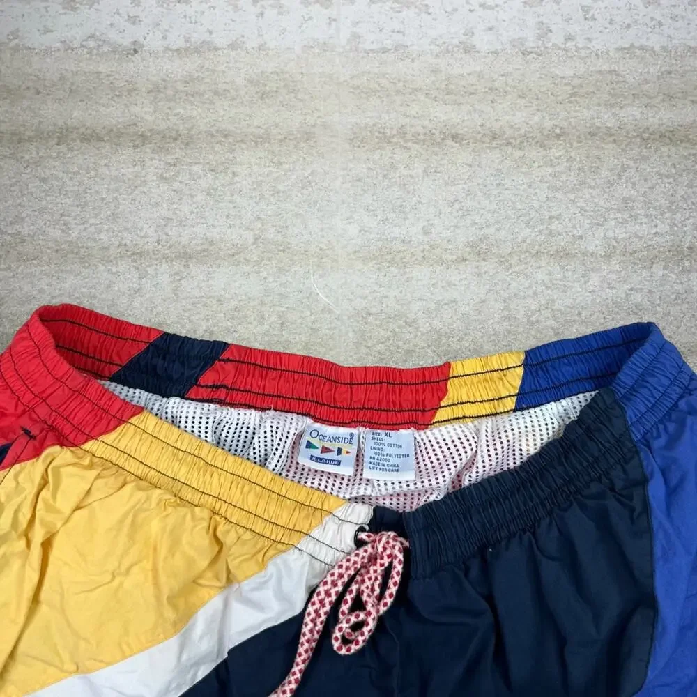 Vintage 90s Swim Trunks Mens XL Baggy Red Yellow Black White Lined